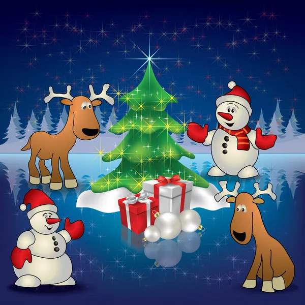 Noel tebrik geyikler kardan adam ve ağaç mavi — Stok Vektör