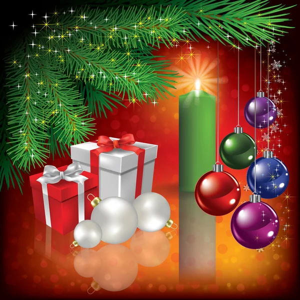 Życzenia bożonarodzeniowe prezenty i świeca — Wektor stockowy