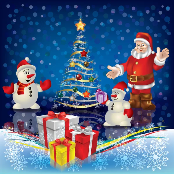 Saludo de Navidad con Papá Noel y muñecos de nieve — Vector de stock