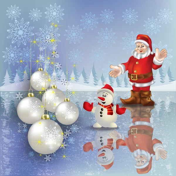 Salutation de Noël avec bonhomme de neige Santa et décorations — Image vectorielle