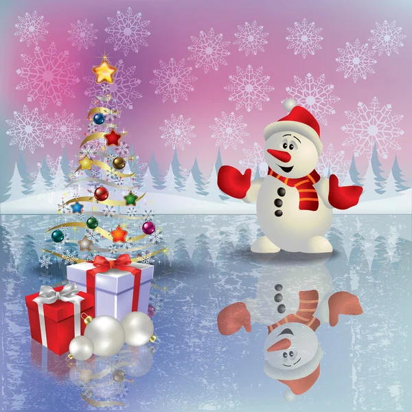 Saluto di Natale con pupazzo di neve e regali — Vettoriale Stock