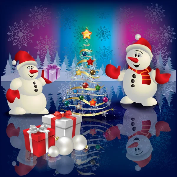 Resumen Saludo navideño con muñecos de nieve y árbol — Archivo Imágenes Vectoriales