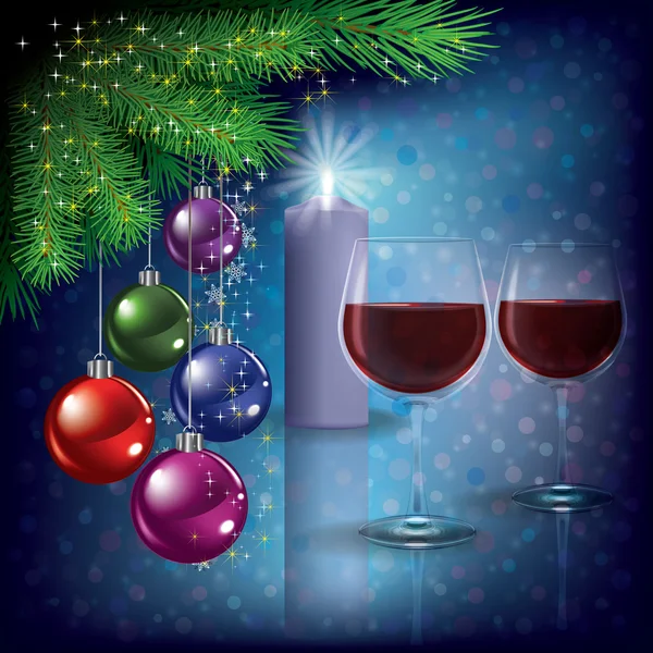 与葡萄酒的眼镜和蜡烛的圣诞祝福 — 图库矢量图片
