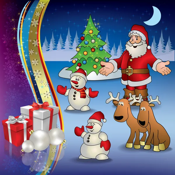 Salutation de Noël avec bonhommes de neige et cadeaux du Père Noël — Image vectorielle