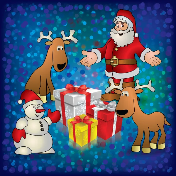Salutation bleue de Noël avec des cerfs et des cadeaux de bonhomme de neige Père Noël — Image vectorielle