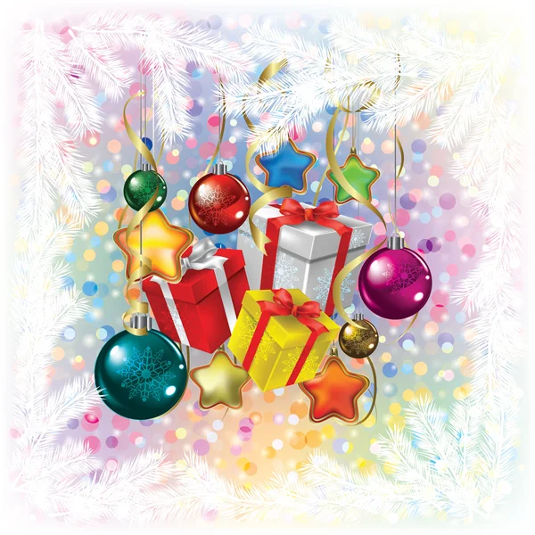 Saludo de Navidad con decoraciones y regalos en blanco — Vector de stock