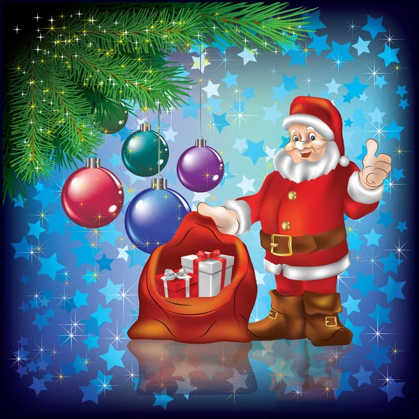 Saluto di Natale con Babbo Natale e regali blu — Vettoriale Stock