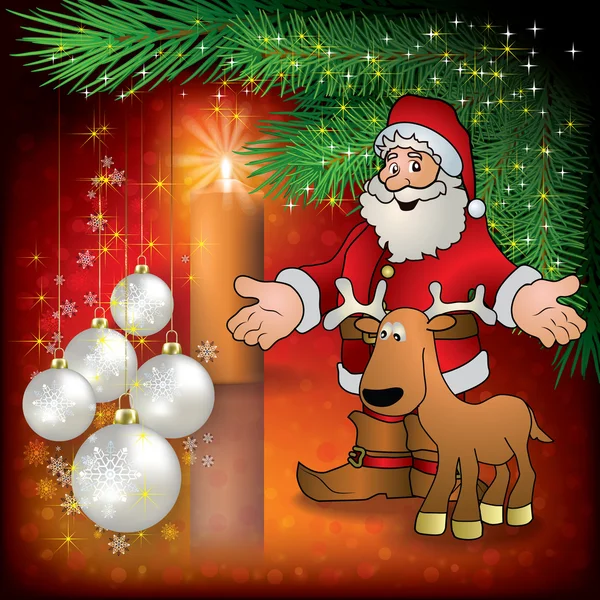 Życzenia bożonarodzeniowe z santa jelenia i ozdoba — Wektor stockowy