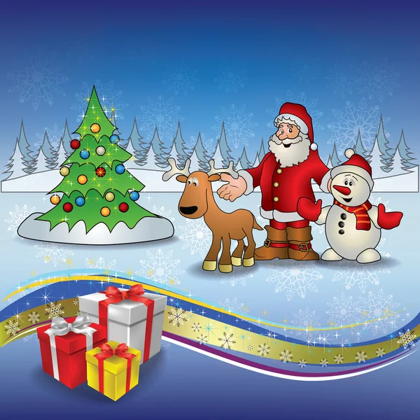 Natale saluto blu con pupazzi di neve e albero di cervo Babbo Natale — Vettoriale Stock