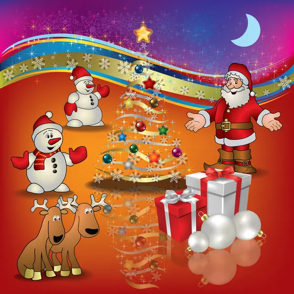 Salutation de Noël avec bonhommes de neige et cadeaux du Père Noël — Image vectorielle