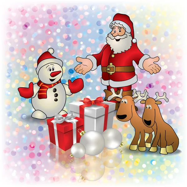 Saludo navideño con muñecos de nieve de ciervos y regalos — Vector de stock