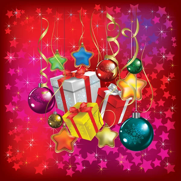 Saludo de Navidad con regalos y decoraciones en rojo — Vector de stock