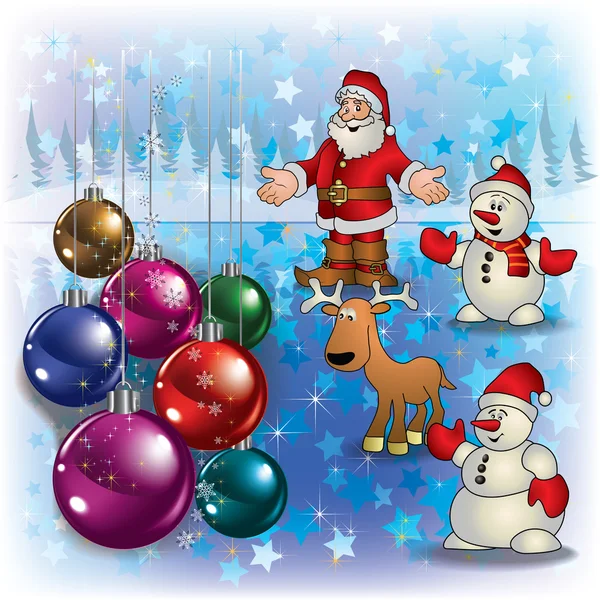 Christmas greeting with Santa deer and snowmen — Stock Vector