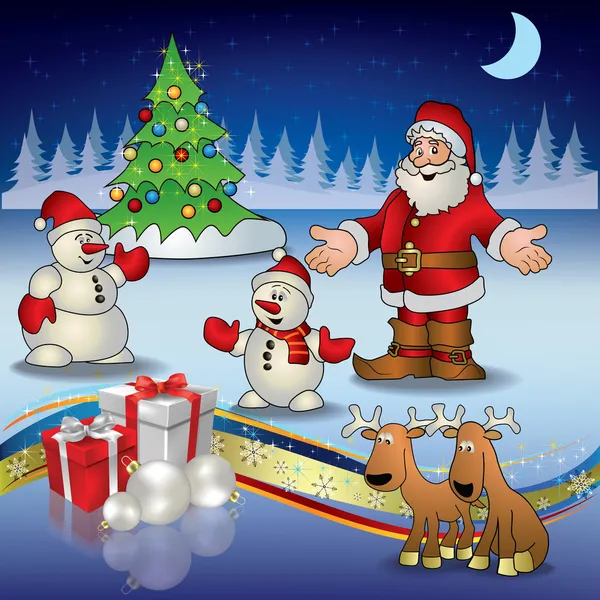 Christmas greeting met santa herten sneeuwmannen en giften — Stockvector