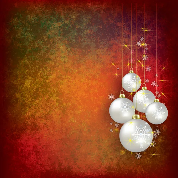 Christmas grunge greeting with balls on red — Stock Vector