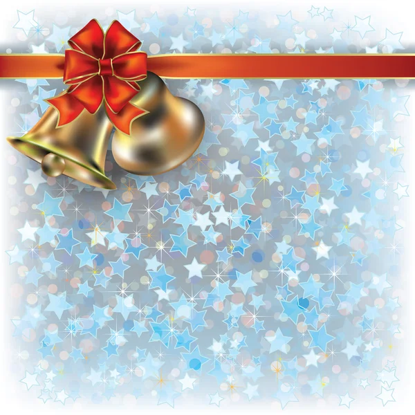 Weihnachtlicher blauer Gruß mit Glocken und Schleife — Stockvektor