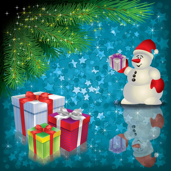 Jul hälsning med snögubbe och gåvor — Stock vektor