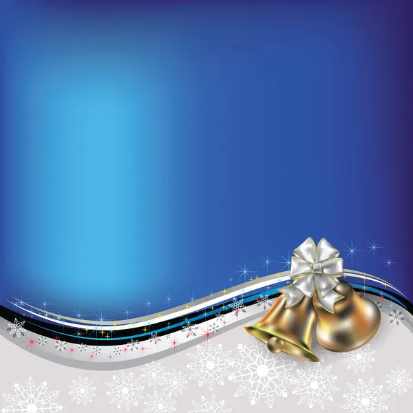Natale saluto blu con campane e fiocco — Vettoriale Stock