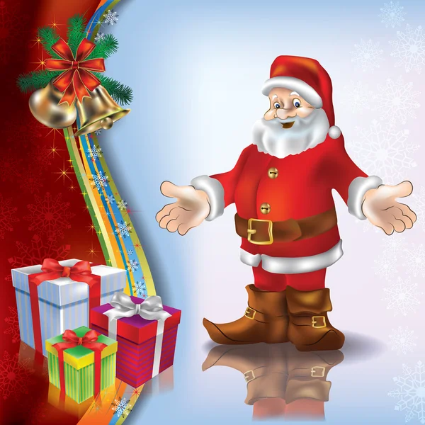Salutation bleue de Noël avec le Père Noël et les cloches — Image vectorielle