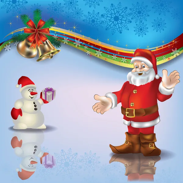 Saludo azul de Navidad con muñeco de nieve y campanas de Santa — Vector de stock