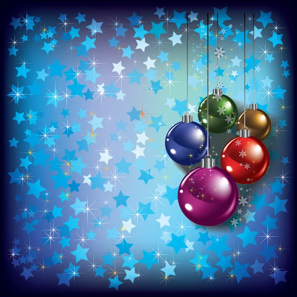 Рождественское поздравление с цветовыми украшениями на голубом — стоковый вектор