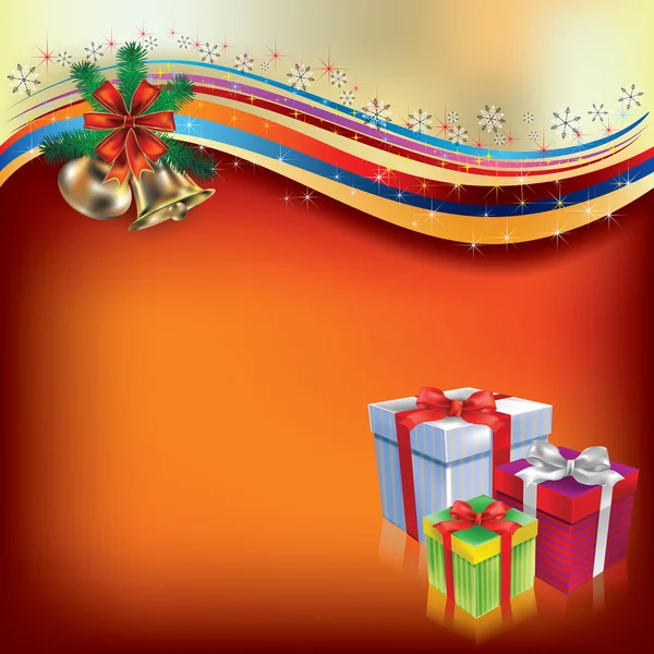 Salutation de Noël avec des cadeaux et des cloches — Image vectorielle
