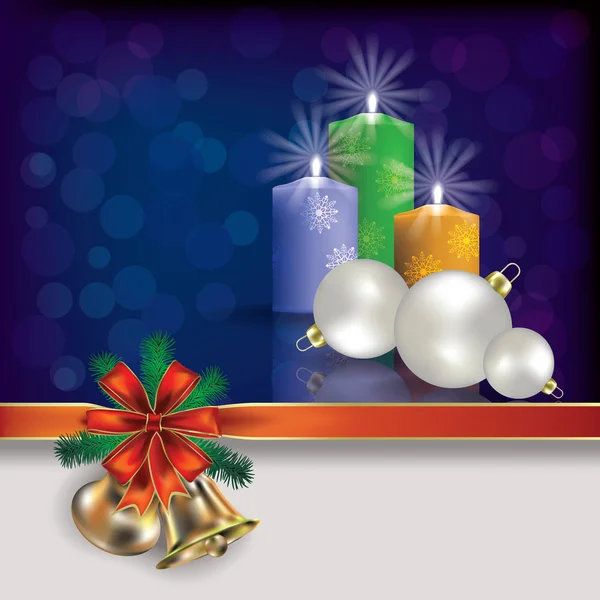 Fondo navideño con adornos de campanas y velas — Vector de stock
