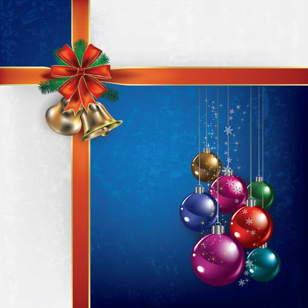 Μπλε Χριστούγεννα χαιρετισμό με handbells και δώρο κορδέλες — Διανυσματικό Αρχείο