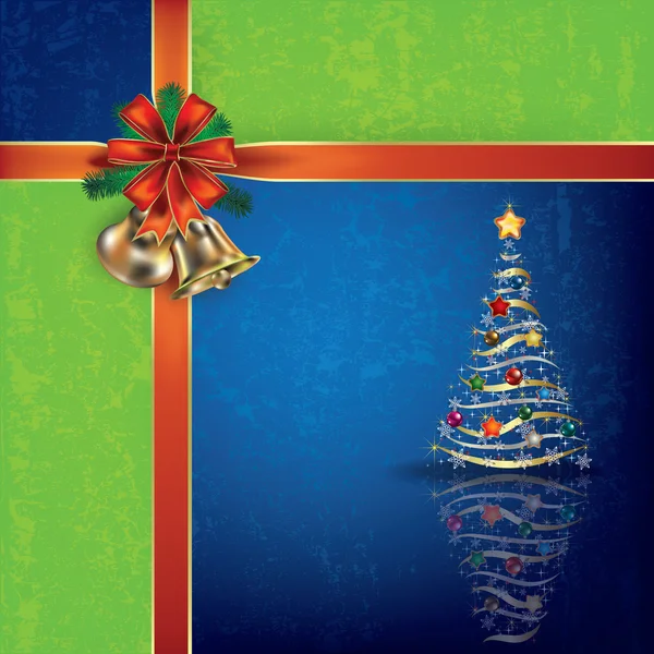Saludo azul navideño con cascabeles y cintas de regalo — Vector de stock