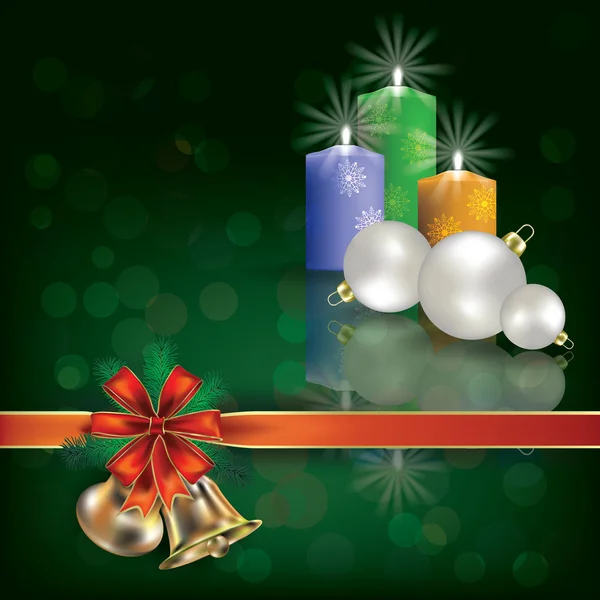 Vánoční zelená, pozdrav s svíčky a dárkové stuhy — Stockový vektor