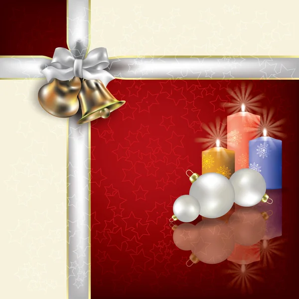 Natale rosso blu saluto con nastri regalo bianco — Vettoriale Stock