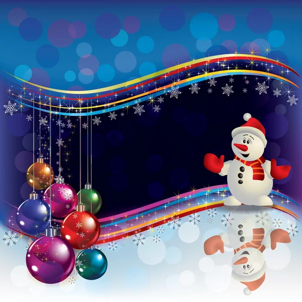 Fondo de Navidad con decoraciones y muñeco de nieve — Vector de stock