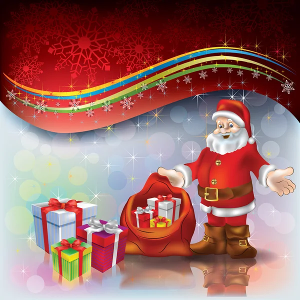 Saludo de Navidad con Papá Noel y regalos — Vector de stock