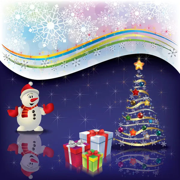 Weihnachtsgruß mit Schneemann und Baum — Stockvektor