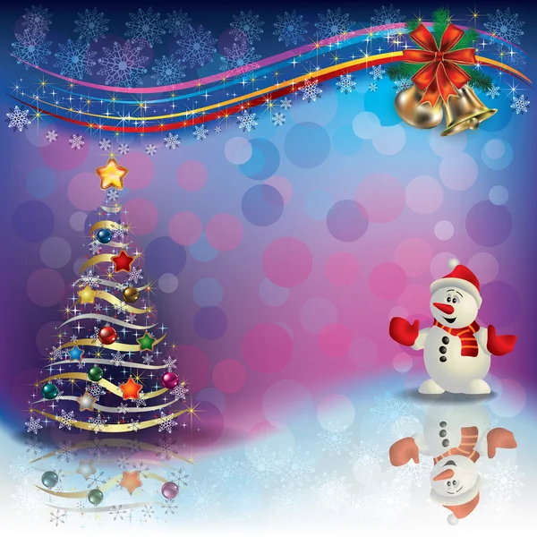 Weihnachtsgruß mit Baum und Schneemann — Stockvektor