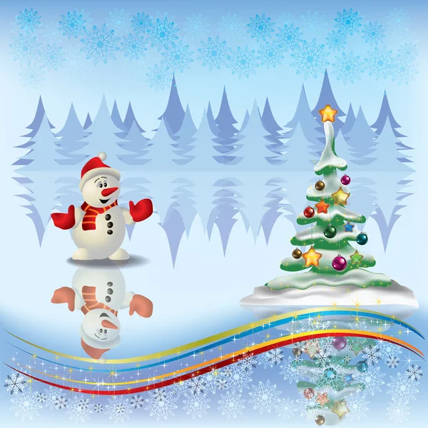 Christmas greeting with tree and snowman — Stock Vector