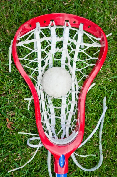 Chicas cabeza de lacrosse y bola gris en la hierba — Foto de Stock