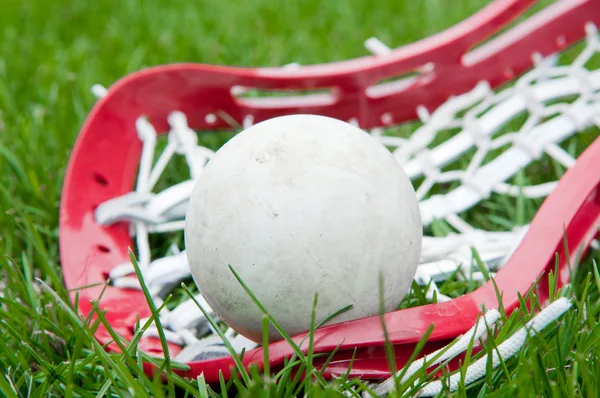 Dziewczyny lacrosse głowy i szary piłkę na trawie — Zdjęcie stockowe