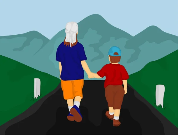 Due bambini che vanno in montagna — Vettoriale Stock