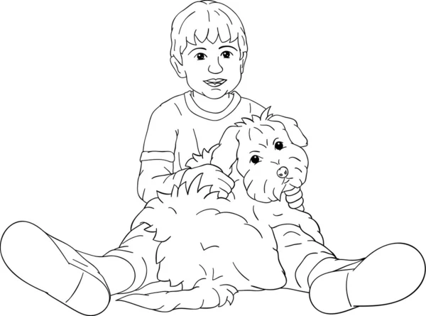 小男孩和他的小狗一起玩 — 图库矢量图片