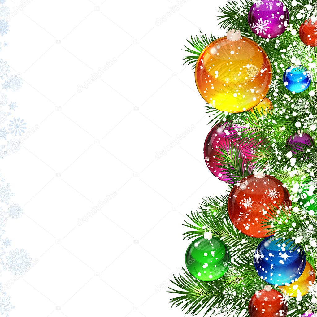 Christmas background with snow-covered Christmas tree decorated