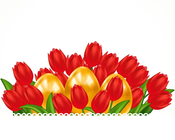 Scarlet tulips and Easter eggs. Easter card. — Stock Vector