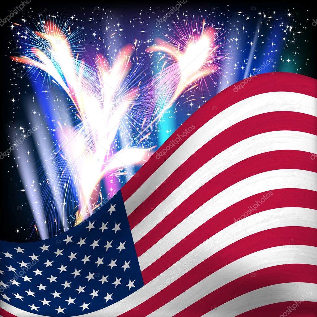 USA flag background. Fireworks in the night starry sky.