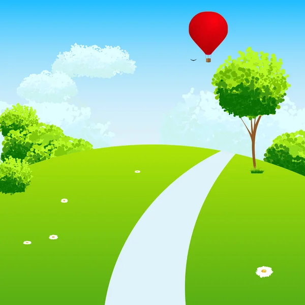 绿色景观与树云鲜花和气球. — 图库矢量图片