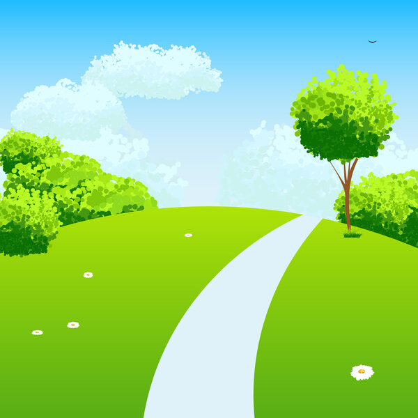 Зеленый пейзаж с облаками деревьев и ромашками
.