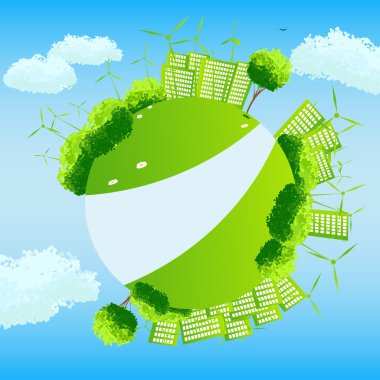 Green globe with trees, sities and wind turbines. clipart