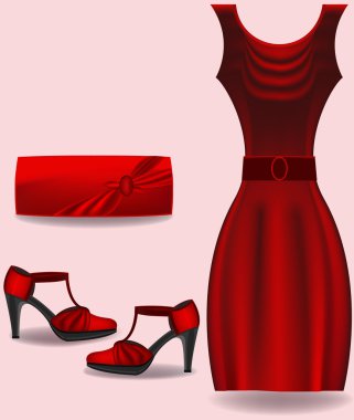 Kırmızı elbise, çanta ve shues vektör