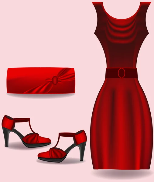 Vestido rojo, bolso y vector shues — Vector de stock