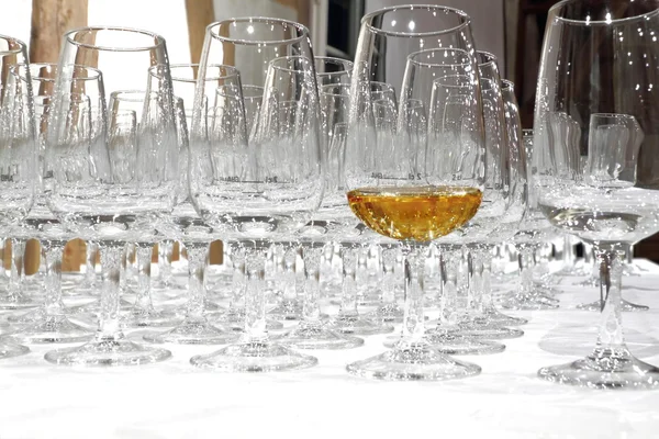 Empty whisky glasses with one filled glass — Stock Photo, Image