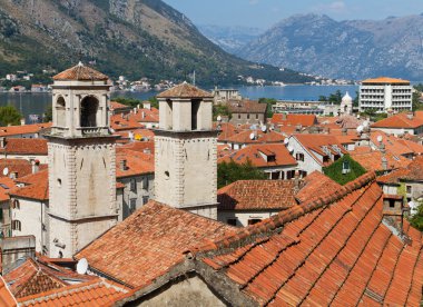 Roofs of Kotor with towers of St Tryphon's Cathedral, Montenegro clipart